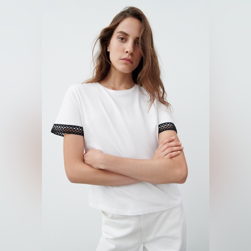 Zara White Cotton Tee Eyelet Sleeve Trim Women's Size L